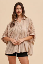 Annie Wear Women's Striped Button-Up Half Sleeve Cotton Shirt